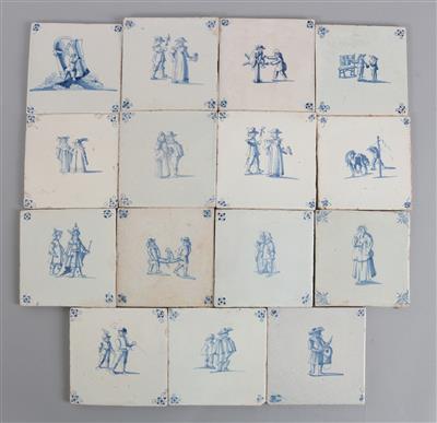 15 Delfter Fliesen mit verschiedenen figuralen Motiven, - Letní aukce Starožitnosti