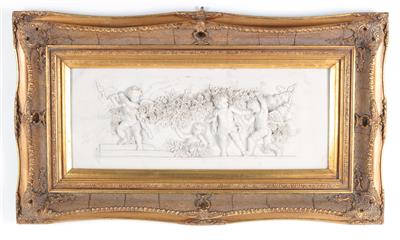 Dekoratives Steinguss Relief, Putti mit Blumenfestons, - Summer auction Antiques