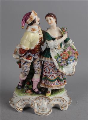 Dame mit Blumen und Kavalier mit pelzverbrämtem Umhang und Zipfelmütze, - Antiquariato