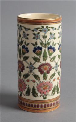 Zylindrische Vase, Zsolnay, Pécs um 1880, - Vetro, porcellana e ceramica