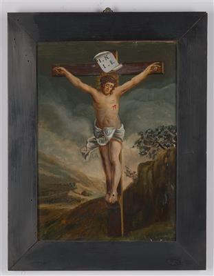 Hinterglasbild, Christus am Kreuz, - Antiquitäten