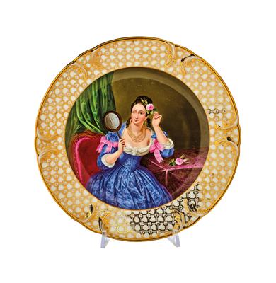 Teller mit schöner Biedermeier-Dame, - Starožitnosti