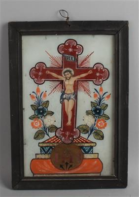 Hinterglasbild, Christus am Kreuz, - Starožitnosti