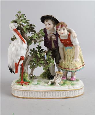 Paar mit Storch, der Wickelkinder auf Baum gelegt hat, - Works of Art