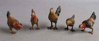5 Wiener Bronzen - Hühner und Hahn, - Antiquariato