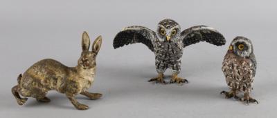3 Wiener Bronzen - Hase und zwei Eulen, - Antiquitäten