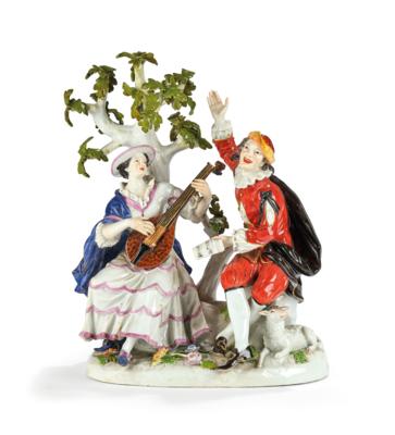 Fröhliche Gruppe mit Schäferin und Harlekin, Meißen 2. Hälfte 19. Jh., - Antiquariato