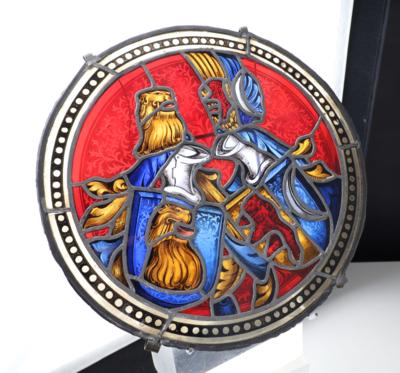 Verbleites Glasbild mit Wappen und Helmzier, - Works of Art