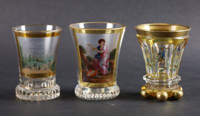 2 Becher in der Art Kothgasser, 1 Becher in der Art Egermann, - Antiquariato