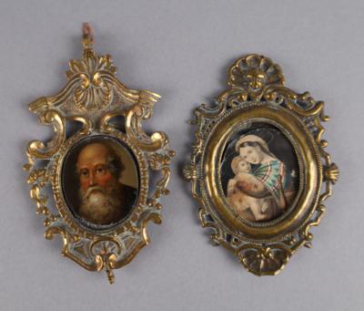 2 kleine Medaillons mit Heiligenbildern, - Antiquariato