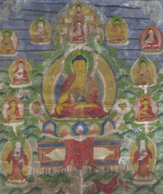Thangka des Shakyamuni mit seinen zwei Schülern - Starožitnosti
