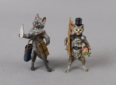 Wiener Bronze - 1 Katze als Briefträger, 1 Katze als Rauchfangkehrer mit Schweinchen, - Antiquitäten