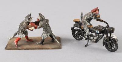 Wiener Bronze - 2 boxende Katzen, 1 Katze am Motorrad , - Antiquitäten