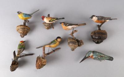Konvolut von 7 Holzvögeln, 20. Jh., - Antiquitäten