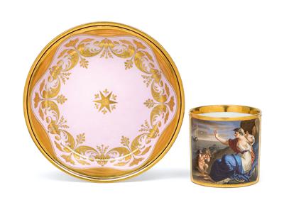 ‘Ariadne abandonné’, pictorial cup and saucer, - Glass and porcelain