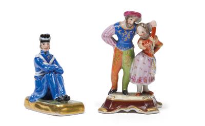 Young dancing pair and seated soldier in a blue uniform, - Glass and porcelain