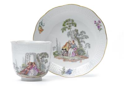 Cup with Harlequin and saucer, - Sklo, Porcelán