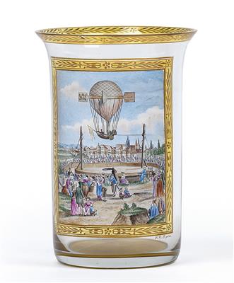 "Luftschiffahrt zu Dijon am 25. April 1784" - Fürchtegott Leberecht Fischer, A veduta cup, - Sklo, Porcelán
