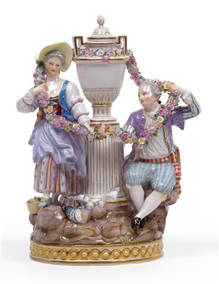 A young couple with floral garland, - Glass and porcelain