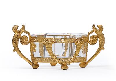 A small jardinière and calling card container with glass liners and gilt mounts, - Glass and porcelain