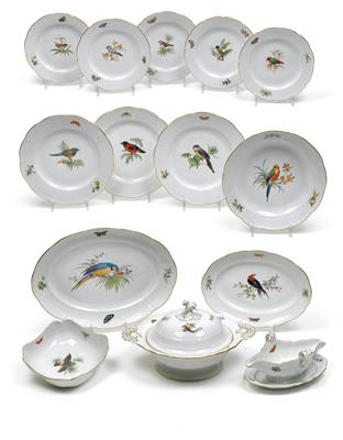 A dinner service decorated with exotic birds, - Glass and porcelain