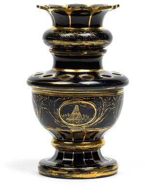 A Hyalith flower arrangement vessel with vase insert, - Vetri e porcellane