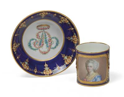 A cup decorated with the portrait of "Mme. Elisabeth", with saucer bearing the crowned floral monogram A. D, - Glass and porcelain