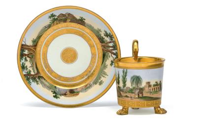 A cup and saucer decorated with landscapes of Lombardy, - Sklo, Porcelán