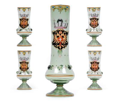 A large beer tankard and 4 beer glasses with the coat-of-arms and walls of the City of Vienna, - Sklo, Porcelán