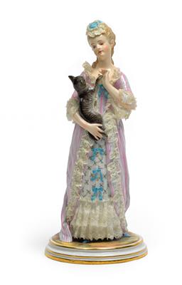 An elegant young lady with a small cat, - Glass and porcelain