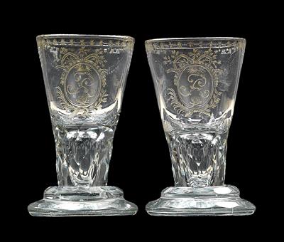 A pair of glasses decorated with sun, monogram, and a skull, - Sklo, Porcelán