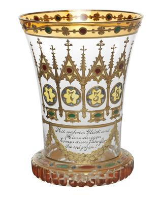 A Ranftbecher cup, dated 1738 and with dedication "Mit wahrem Glück und Himmelssegen, Komm dieses Jahr für Sie entgegen!" (The year approaches with true fortune and the blessings of the heavens), - Sklo, Porcelán