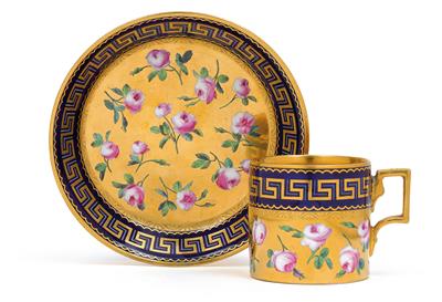 A cup and saucer decorated with roses, - Sklo, Porcelán