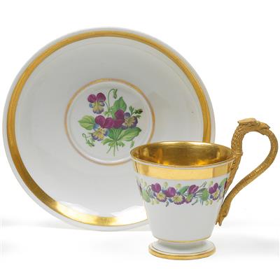 A cup and saucer decorated with pansies, - Glass and porcelain