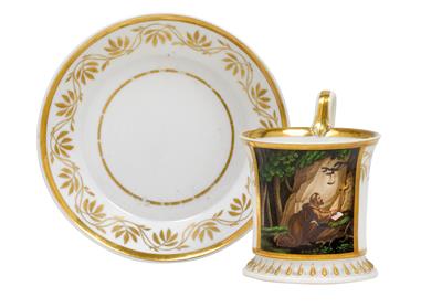 "St Francis" at prayer - A pictorial cup and saucer, - Sklo, Porcelán