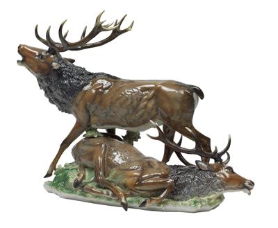 A stag group, with a reclining and a belling stag, - Glass and porcelain