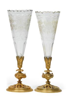 Two glass goblets with gilt mounts, - Vetri e porcellane