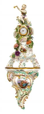 A miniature clock case with movement and wall support, - Sklo, Porcelán