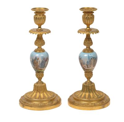 A pair of gilt bronze candleholders with porcelain knops, - Glass and porcelain