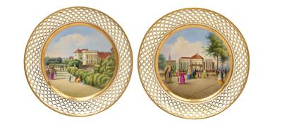 A pair of lattice work plates decorated with views of Vienna, - Sklo, Porcelán