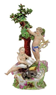 "Allegory of Music" - A figural tree group with 2 amorettes, - Sklo, Porcelán