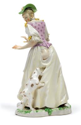 "A lady attacked by a small dog", - Sklo, Porcelán