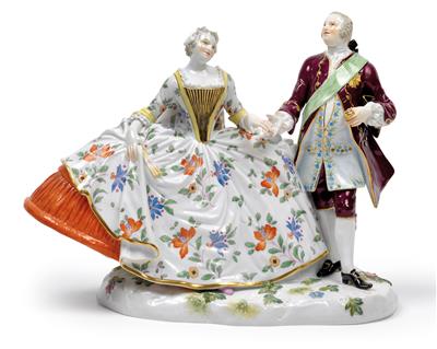 A cavalier with the Polish Order of the White Eagle leading a lady by the hand, - Sklo, Porcelán