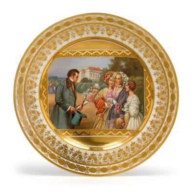 A pictorial plate - "Schubert mit den Tschöllmäderln" (Schubert and the Tschöll girls), - Sklo, Porcelán
