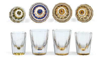 Four faceted glasses, - Vetri e porcellane