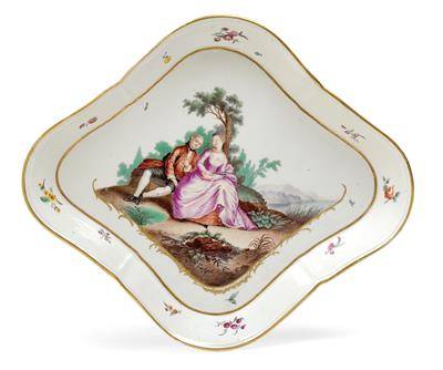 A rhomboid platter decorated with a "Watteau scene", - Glass and porcelain