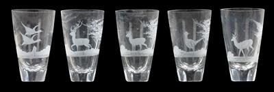 Eight Riedel glasses decorated with hunting designs, - Glass and porcelain