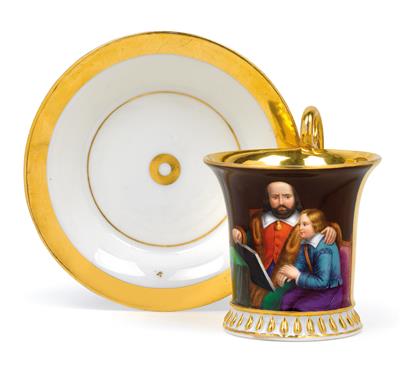 A cup decorated with a scene "Shakespeare and son", with saucer, - Glass and porcelain