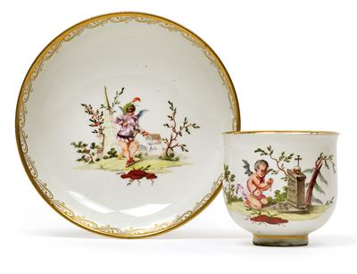 A cup and saucer inscribed with New Year felicitations "Neujahrswünschen", - Sklo, Porcelán
