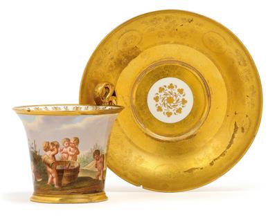 Georg Lamprecht "Autumn" - A pictorial cup with putti harvesting grapes, with saucer, - Vetri e porcellane